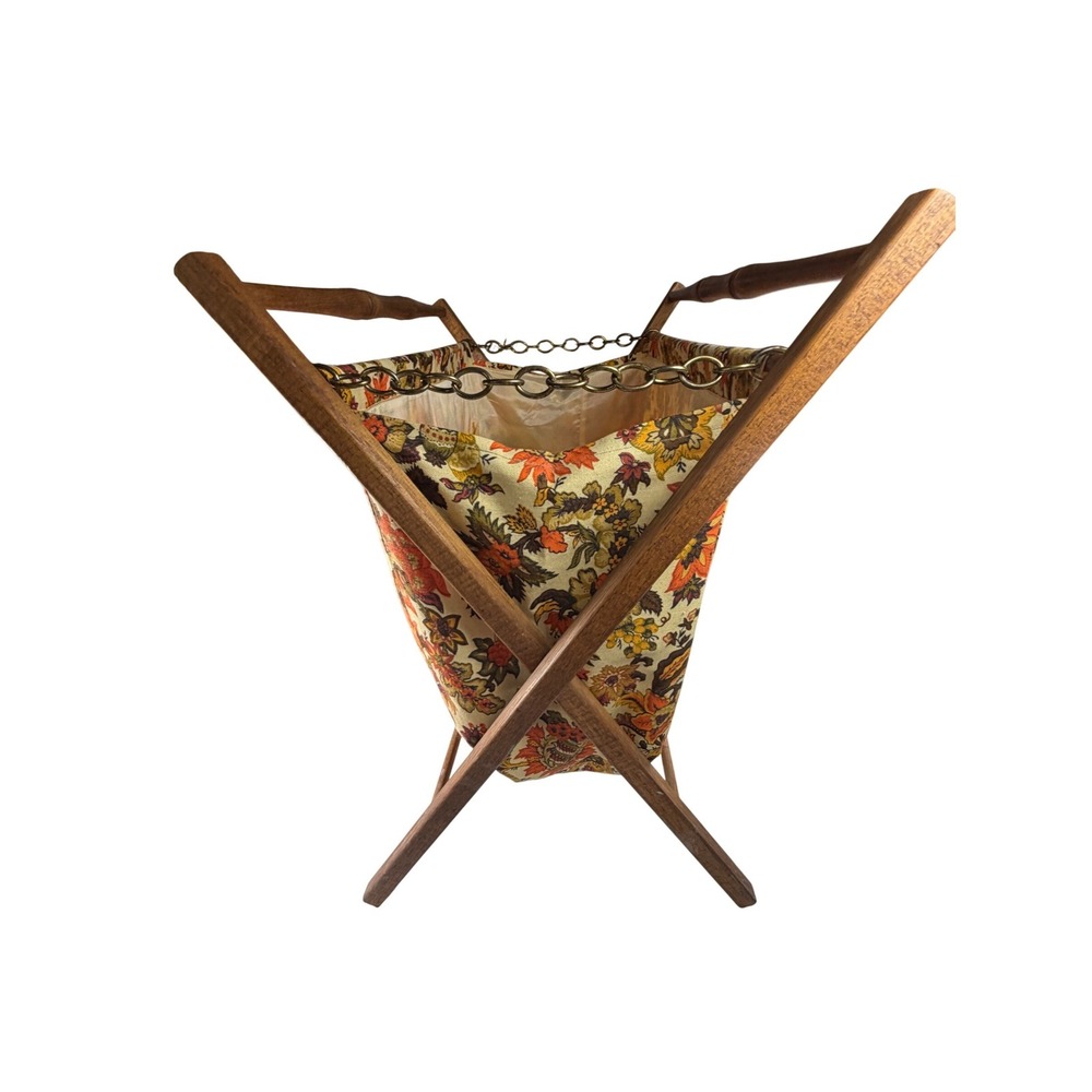 Vintage 1970s Folding Wooden Sewing Basket Stand Floral Fabric Knitting Craft